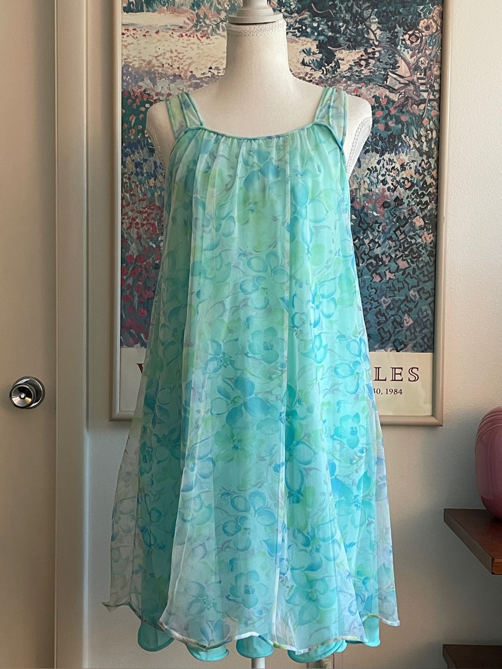 Vintage 60s Aqua Blue Watercolor Floral Chiffon Babydoll Dress Nightgown Fairy